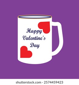 White coffee mug with decorative red hearts. Text design for Valentine's Day . Vector design