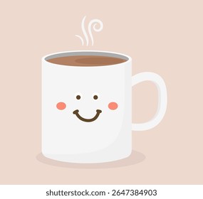 White coffee mug with happy smiling face, vector eps10 illustration