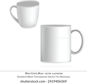 White Coffee Mug - vector illustration. Set of realistic white coffee mugs isolated on transparent background. Vector templates for Mock Up. Vector illustration