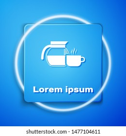 White Coffee pot with cup icon isolated on blue background. Blue square button. Vector Illustration