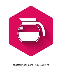 White Coffee pot icon isolated with long shadow. Pink hexagon button. Vector Illustration