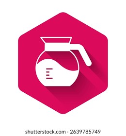 White Coffee pot icon isolated with long shadow background. Pink hexagon button. Vector