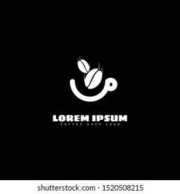 White coffee shop logo vector design isolated on black background. Coffe shop, coffee bean, coffee cup, cafe, bar.