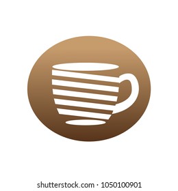 White coffee or tea cup silhouette on brown oval. Mug emblem for cafe, menu. Vector element for your design