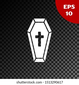 White Coffin with christian cross icon isolated on transparent dark background. Happy Halloween party.  Vector Illustration