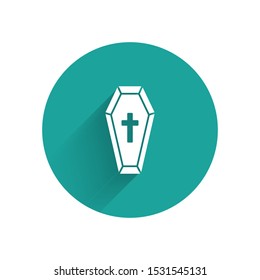 White Coffin with christian cross icon isolated with long shadow. Happy Halloween party. Green circle button. Vector Illustration