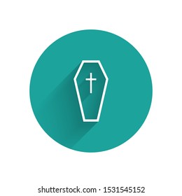 White Coffin with christian cross icon isolated with long shadow. Happy Halloween party. Green circle button. Vector Illustration