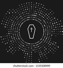 White Coffin with christian cross icon isolated on grey background. Happy Halloween party. Abstract circle random dots. Vector Illustration
