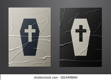 White Coffin with christian cross icon isolated on crumpled paper background. Happy Halloween party. Paper art style. Vector