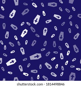 White Coffin with christian cross icon isolated seamless pattern on blue background. Happy Halloween party.  Vector