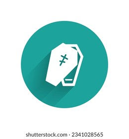 White Coffin with christian cross icon isolated with long shadow. Happy Halloween party. Green circle button. Vector