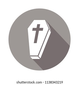 White coffin with a gray cross in a gray circle