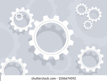 White cog gear wheels float over flat shadow on gray space. Vector illustration concept for business, cooperation, teamwork symbolism and high computer engineering, digital technology concept.