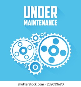 White Cogwheels isolated on a blue background. Under maintenance website page message. Flat style with long shadows. Modern trendy design. Vector illustration.