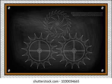 white cogwheels on a black background. Drawing. 