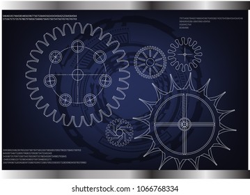 white cogwheels on a blue background. Drawing. 