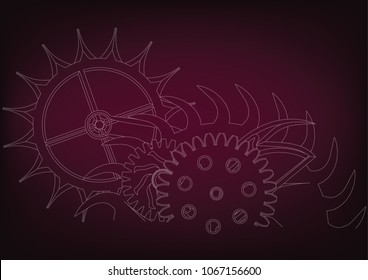 white cogwheels on a burgundy background. Drawing. 