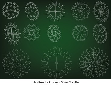 white cogwheels on a green background. Drawing. 