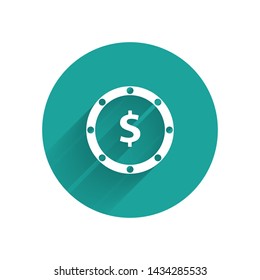 White Coin money with dollar symbol icon isolated with long shadow. Banking currency sign. Cash symbol. Green circle button. Vector Illustration