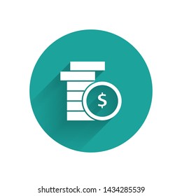White Coin money with dollar symbol icon isolated with long shadow. Banking currency sign. Cash symbol. Green circle button. Vector Illustration