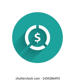 White Coin money with dollar symbol icon isolated with long shadow. Banking currency sign. Cash symbol. Green circle button. Vector Illustration