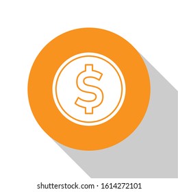 White Coin money with dollar symbol icon isolated on white background. Banking currency sign. Cash symbol. Orange circle button. Vector Illustration