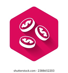 White Coin money with dollar symbol icon isolated with long shadow background. Banking currency sign. Cash symbol. Pink hexagon button. Vector