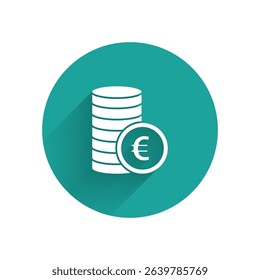 White Coin money with euro symbol icon isolated with long shadow. Banking currency sign. Cash symbol. Green circle button. Vector