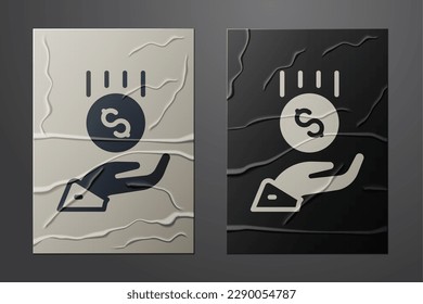 White Coins on hand - minimal wage icon isolated on crumpled paper background. Paper art style. Vector