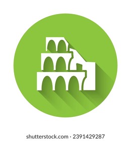 White Coliseum in Rome, Italy icon isolated with long shadow. Colosseum sign. Symbol of Ancient Rome, gladiator fights. Green circle button. Vector