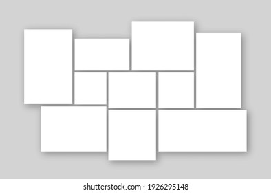 White collage blank frame photo part or picture. Modern paper board set with template collage. Vector photo frame mockup on white background with shadow. Vector illustration.