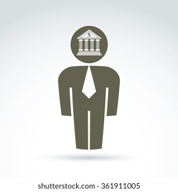 White collar bank worker man icon with bank building, conceptual vector symbol.