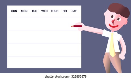 White collar business company CEO, manager, adult man cartoon character holding a pencil pointing at a blank calendar. Isolated object, sign and symbol. Make your custom design daily schedule chart.