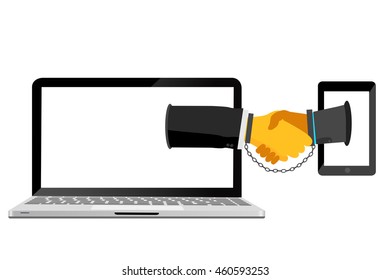 white collar crime concept, illustration illegal business agreement, Handshake Over Notebook and Mobile Phone using Handcuff
