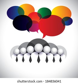 white collar employees communication, interaction - concept vector. The graphic also shows people conference, social media network, executives & management, company board members, corporate people