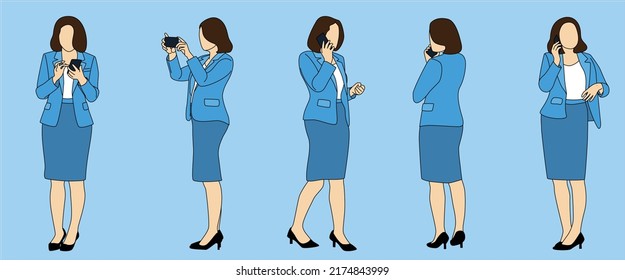 White collar ladies in suits, ladies on the phone in multiple standing positions