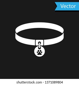 White Collar with name tag icon isolated on black background. Supplies for domestic animal. Dog or cat paw print. Cat and dog care. Pet chains. Vector Illustration