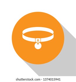 White Collar with name tag icon isolated on orange background. Simple supplies for domestic animal. Cat and dog care. Pet chains. Orange circle button. Vector Illustration