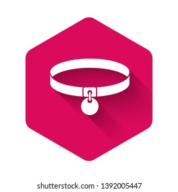 White Collar with name tag icon isolated with long shadow. Simple supplies for domestic animal. Cat and dog care. Pet chains. Pink hexagon button. Vector Illustration