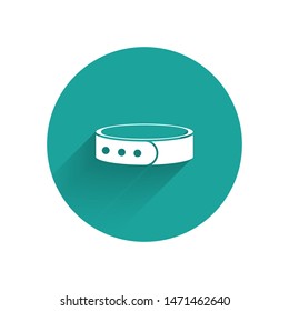 White Collar with name tag icon isolated with long shadow. Simple supplies for domestic animal. Cat and dog care. Pet chains. Green circle button. Vector Illustration