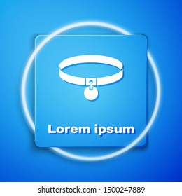 White Collar with name tag icon isolated on blue background. Simple supplies for domestic animal. Cat and dog care. Pet chains. Blue square button. Vector Illustration