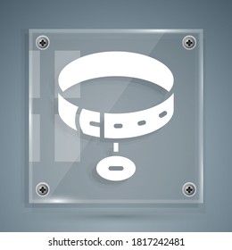 White Collar with name tag icon isolated on grey background. Simple supplies for domestic animal. Cat and dog care. Pet chains. Square glass panels. Vector