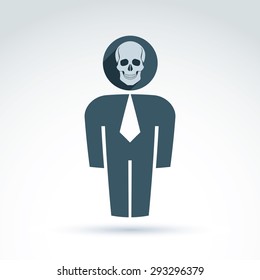 White collar office worker man icon with skull, conceptual vector symbol.