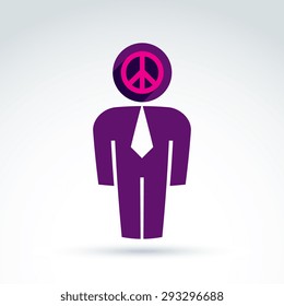 White collar office worker man icon peace sign, conceptual vector symbol.