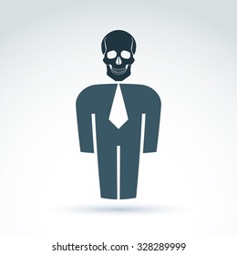Icono del trabajador de oficina de cuello blanco con cráneo, símbolo vector conceptual.