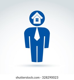 White collar office worker man icon with house real estate icon, conceptual vector symbol.