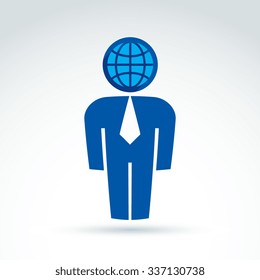 White collar office worker man icon with earth globe symbol, conceptual vector symbol.