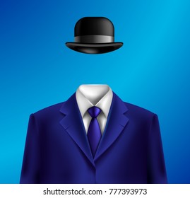 White collar suit and bowler hat