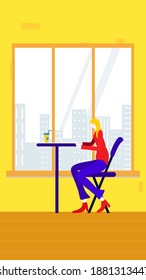 White collar vector poster illustration background of working overtime with computer chat at the desk
