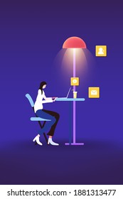 White collar vector poster illustration background of working overtime with computer chat at the desk